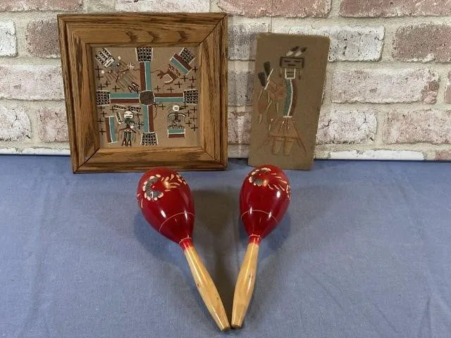 BOX LOT: PAIR OF MARACAS, 2 NATIVE INDIAN ART -