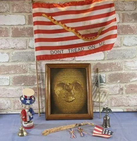 BOX LOT: 9 PCS AMERICANA ITEMS - FLAGS, BELLS,