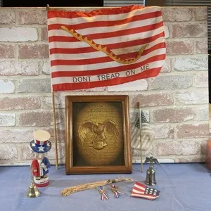 BOX LOT: 9 PCS AMERICANA ITEMS - FLAGS, BELLS,