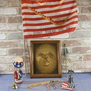 BOX LOT: 9 PCS AMERICANA ITEMS - FLAGS, BELLS,