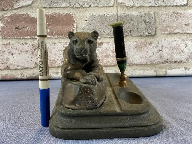 VINTAGE BRASS PANTHER DESK TRAY WITH PEN HOLDER