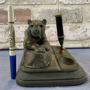 VINTAGE BRASS PANTHER DESK TRAY WITH PEN HOLDER