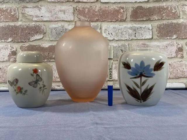 (3 PCS) VASES -1 PINK FROSTED GLASS, 1 MARKED DEW