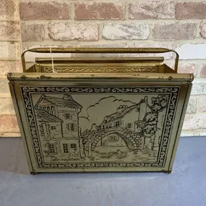 BRASS TONE, ETCHED VINTAGE MAGAZINE RACK