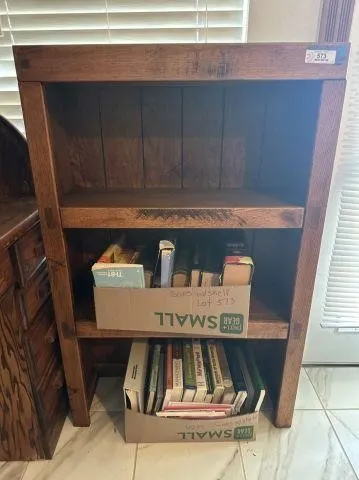 2-TIER SHELF & CONTENTS: 2 BOXES OF ASSORTED BOOKS