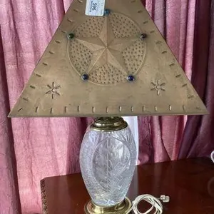 GLASS TABLE LAMP WITH A METAL TEXAS STAR SHADE