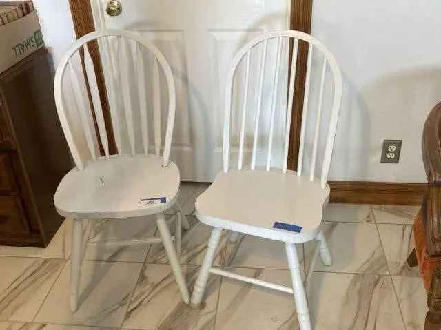 2, WHITE-PAINTED SPINDLE-BACK SIDE CHAIRS