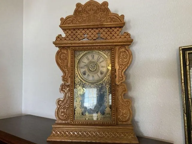 ANTIQUE GINGERBREAD-STYLE WELCH MANTLE CLOCK;