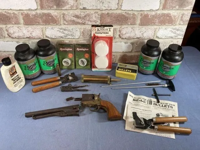 BOX LOT: BLACK POWDER PISTOL WITH ASSORTED TOOLS,