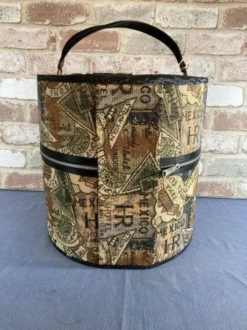 VERY COOL, VINTAGE TAPESTRY HAT BOX WITH 3 VINTAGE