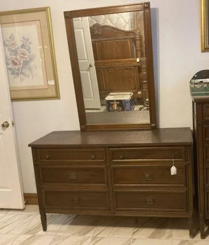 6 DRAWER DRESSER WITH MIRROR, EMPIRE STYLE