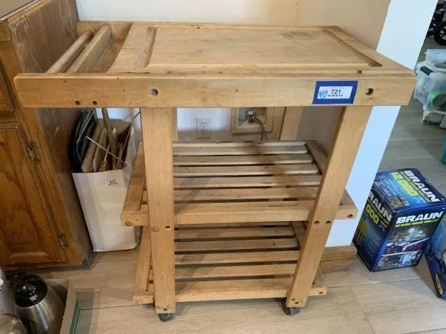 LIGHT WOOD 3 TIER KITCHEN CART WITH BUTCHER BLOCK