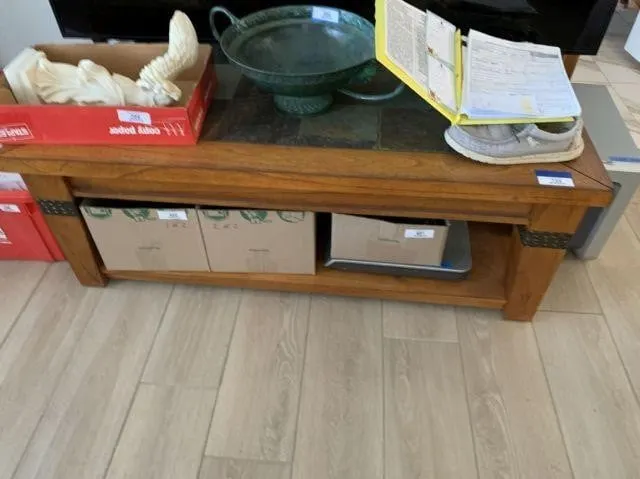 WOOD COFFEE TABLE WITH INLAID STONE TOP AND
