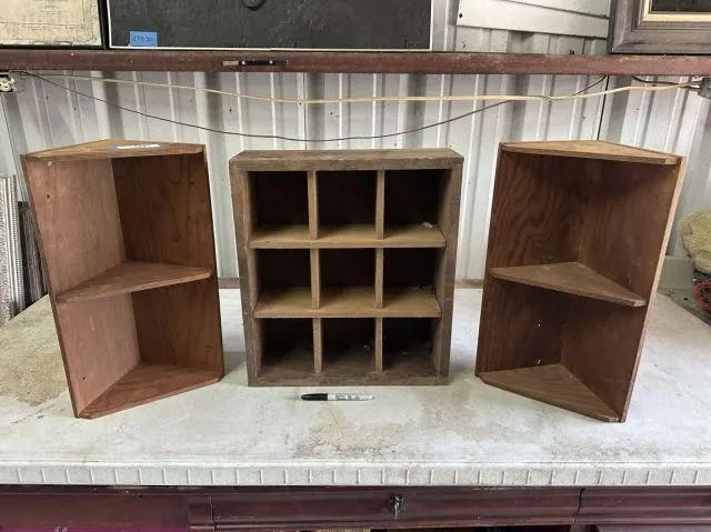 3 PCS: 2 CORNER WOOD SHELVES & 9-CUBBY SHELF