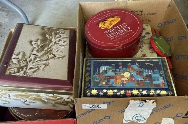 2 BOXES: SELECTION OF ASSORTED METAL TINS