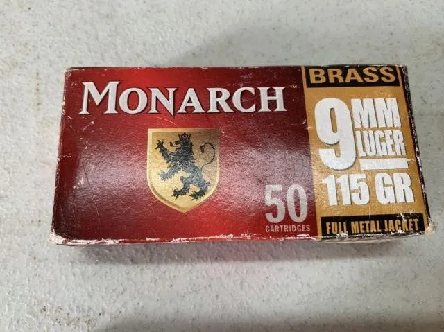 BOX OF MONARCH BRASS 9MM LUGER CARTRIDGES