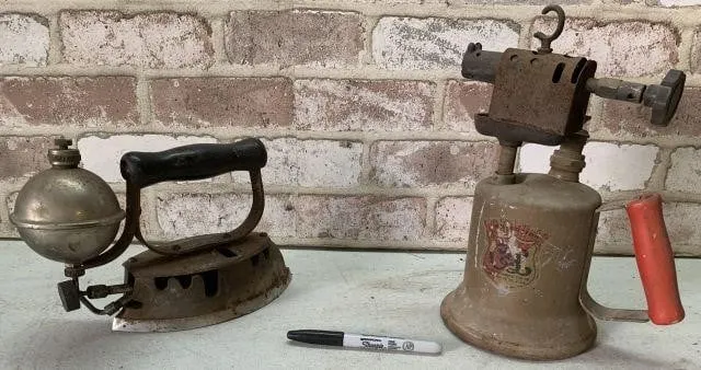 ANTIQUE GASOLINE FLAT IRON AND A VINTAGE RUSTIC