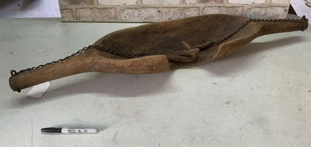 PRIMITIVE WOOD BOWL /VESSEL WITH HOOKS ON ENDS;