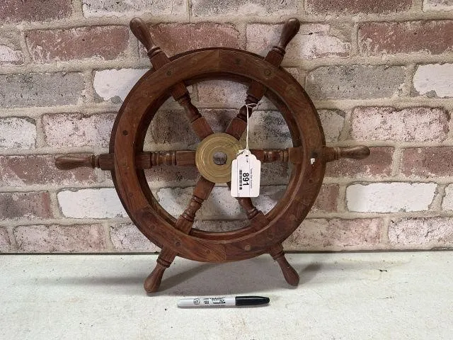 DECORATIVE SHIPS WOODEN STEERING WHEEL WITH A