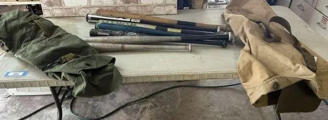 2 CANVAS BAGS WITH ASSORTMENT OF BASEBALL BATS