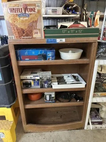4-TIER BROWN LAMINATE SHELF & CONTENTS; WAFFLE