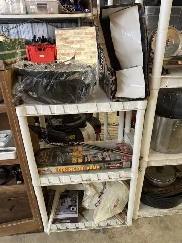 WHITE PLASTIC 3-TIER SHELF AND CONTENTS: NEW
