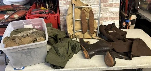 2 TOTES-GROUP LOT: MILITARY CLOTHING, BEIGE CANVAS