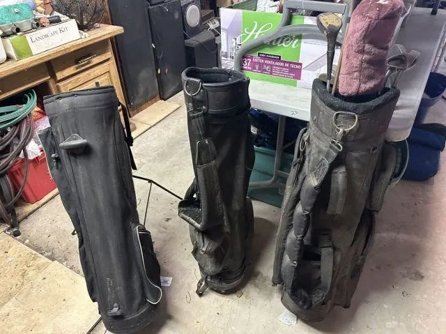 (3 PCS) USED GOLF BAGS; 1 WITH ATTACHED BAG CART,