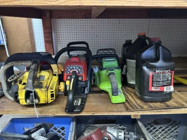 CONTENTS OF SHELF: 3 PORTABLE CHAINSAWS & CHAIN