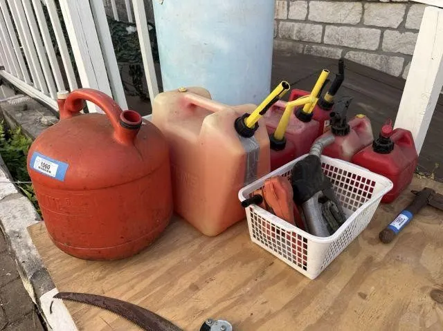GROUP LOT: 7 PCS PLUS A BASKET; ASSORTED GAS CANS