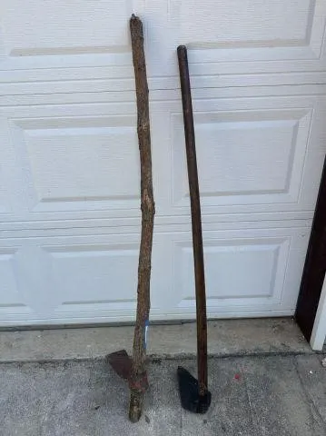 2 PCS: PRIMITIVE GARDEN HOE'S, ONE WITH A BRANCH