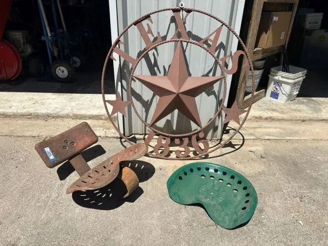 3 PCS: GREEN TRACTOR SEAT & AN ANTIQUE METAL