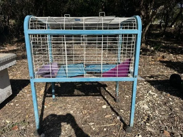 BLUE & WHITE RABBIT CAGE ON WHEELS