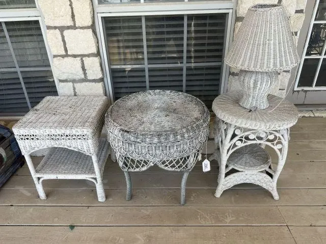 4 PCS: 3 AUTHENTIC WICKER TABLES & ONE WICKER LAMP