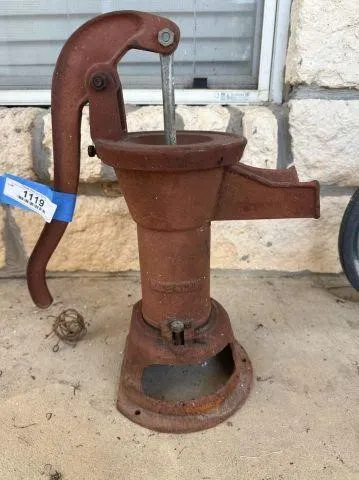 VINTAGE, RED PAINTED CAST IRON HAND WATER PUMP