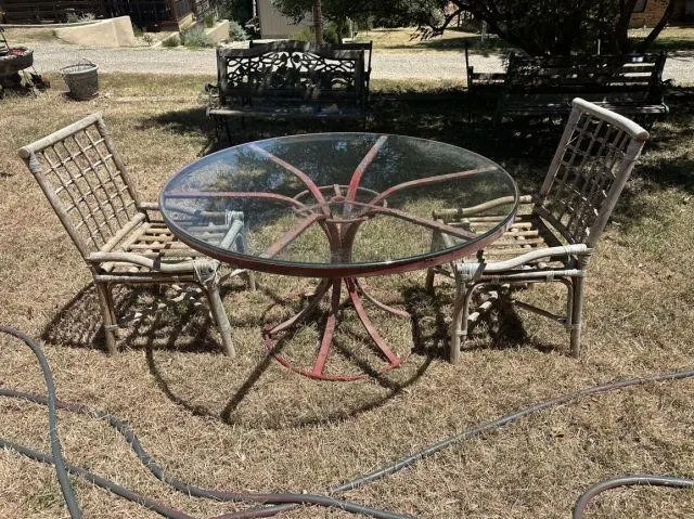 METAL PATIO TABLE WITH A GLASS TOP & 2 CHAIRS
