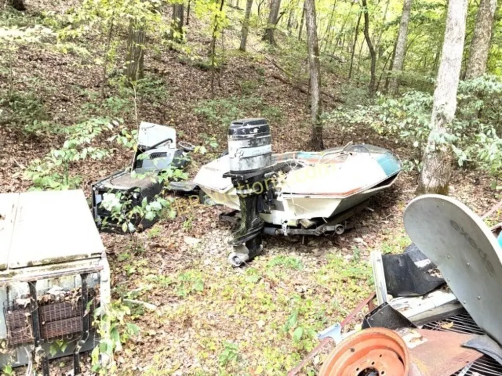 SALVAGE PILE - BOAT, MOWER, YARD TRAILER ETC