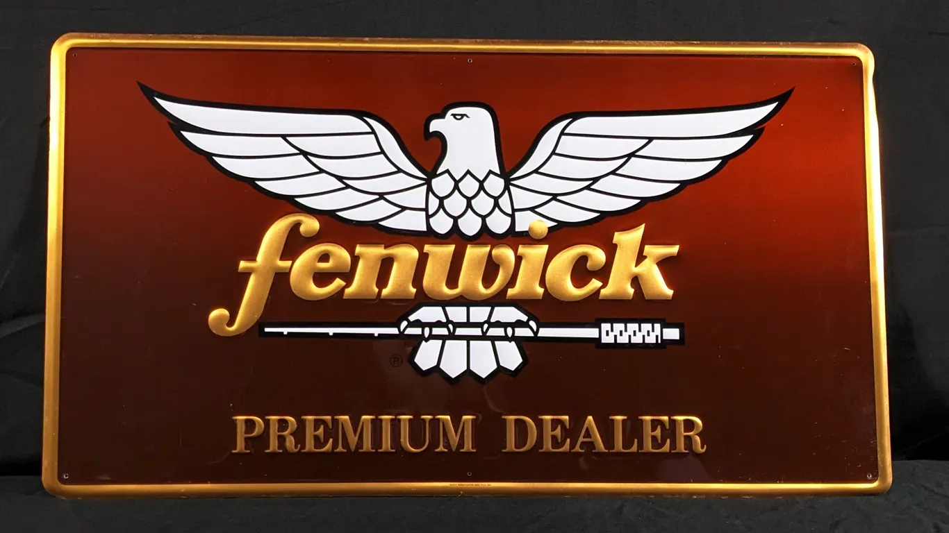 1992 EMBOSSED ALUMINUM SIGN FENWICK "FISHING RODS" PREMIUM DEALER