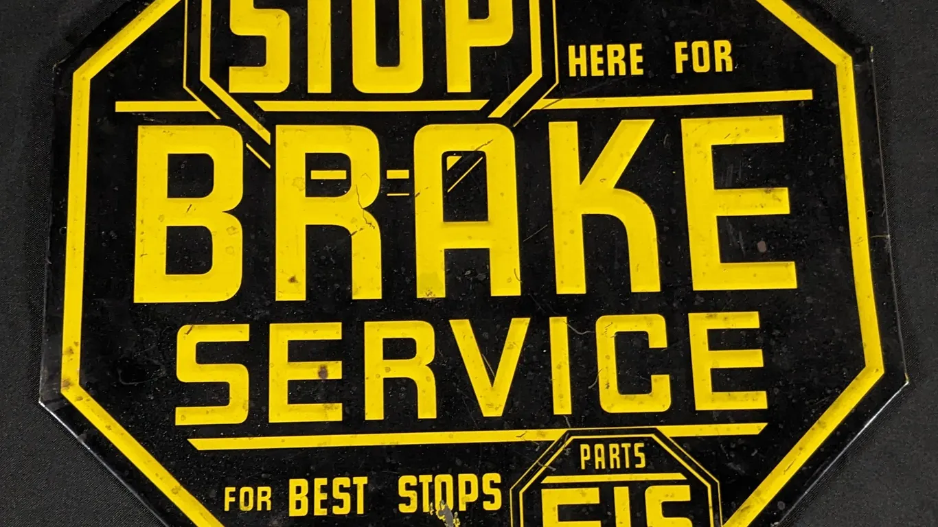 EMBOSSED TIN SIGN STOP HERE FOR BRAKE SERVICE EIS PARTS FLUID