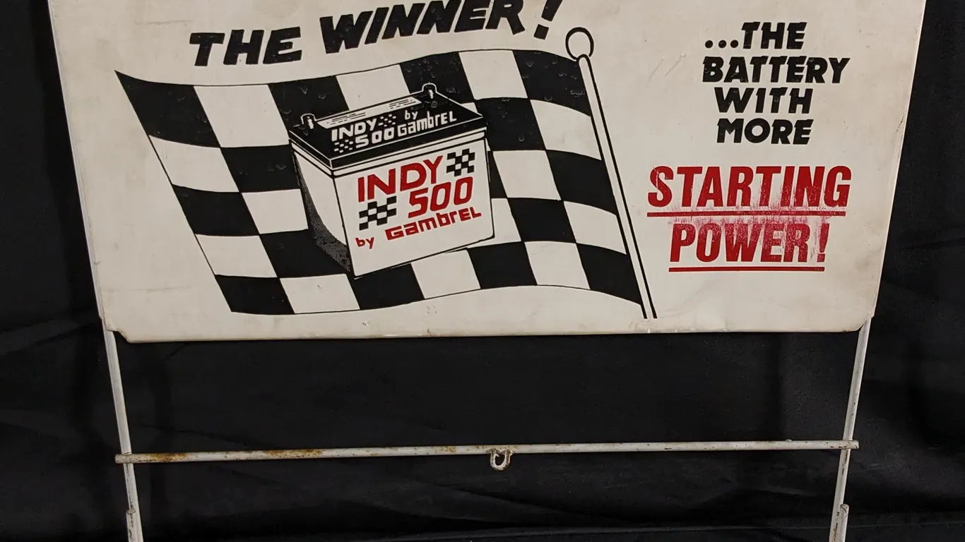 TIN RACK SIGN INDY 500BY GAMBREL BATTERY BATTERIES