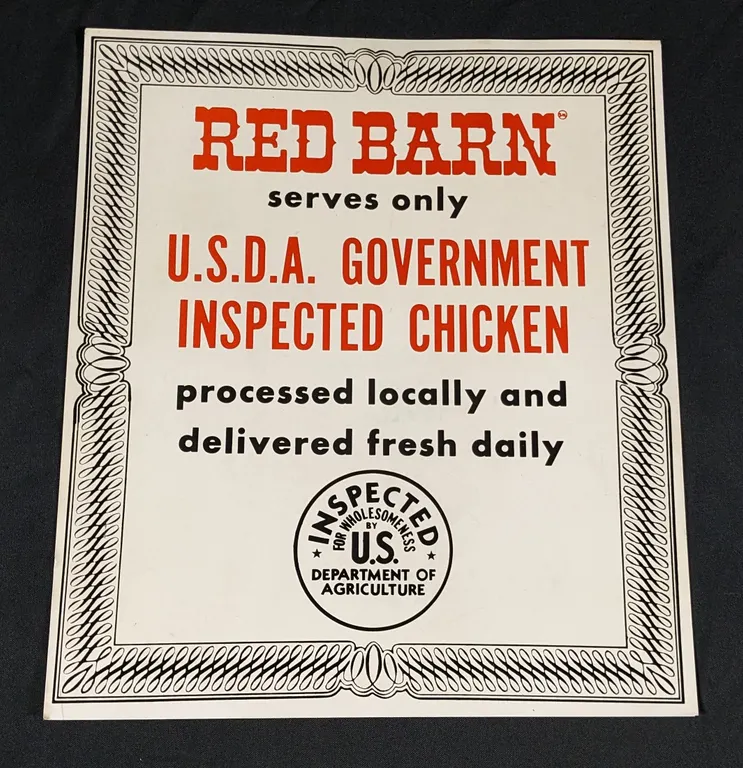 NOS TIN SIGN RED BARN SERVES ONLY U.S.D.A. GOVERNMENT INSPECTED CHICKEN