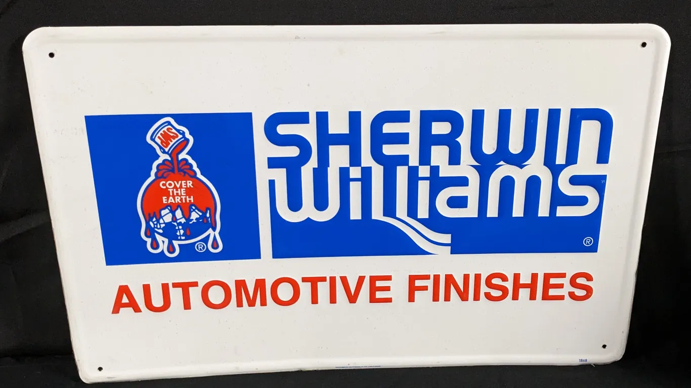 1996 EMBOSSED ALUMINUM SIGN SHERWIN WILLIAMS AUTOMOTIVE FINISHES