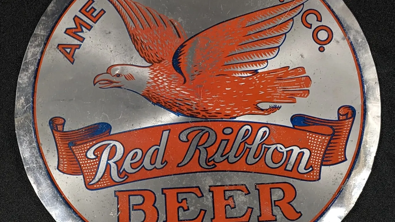 LEYSE ALUMINUM SIGN AMERICAN PRODUCTS CO RED RIBBON BEER WAUSAU WISCONSIN