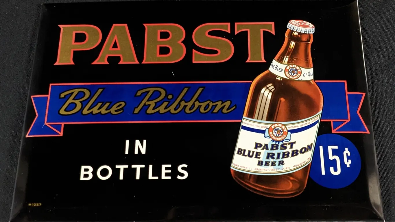 TOC TIN SIGN PABST BLUE RIBBON BEER IN BOTTLES 15¢