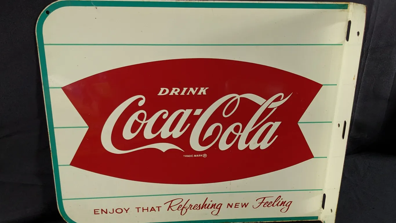 TIN FLANGE SIGN DRINK COCA COLA ENJOY THAT REFRESHING NEW FEELING (FISHTAIL)