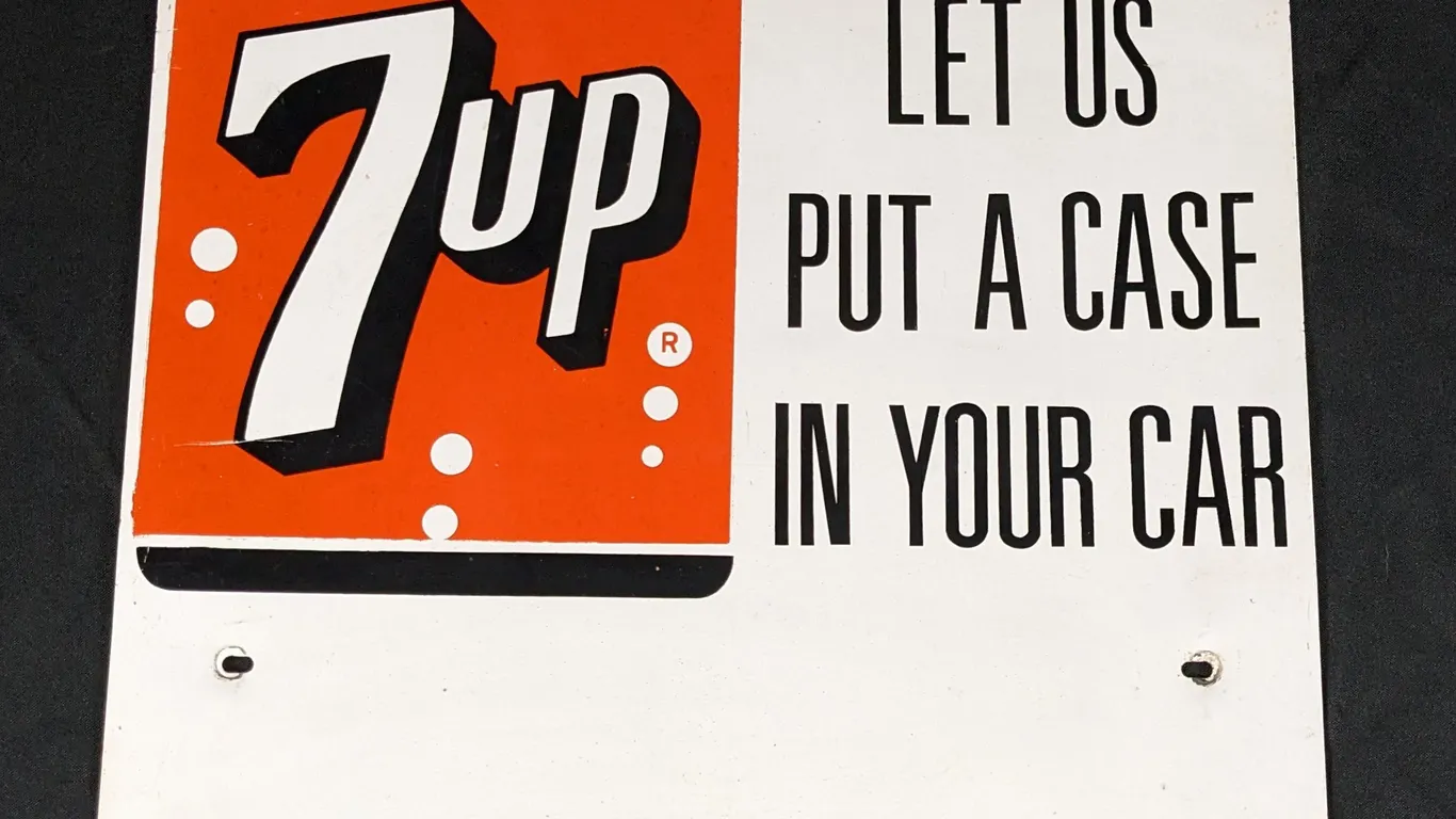 TIN RACK SIGN 7UP SEVEN UP LET US PUT A CASE IN YOUR CAR (2 SIDED)