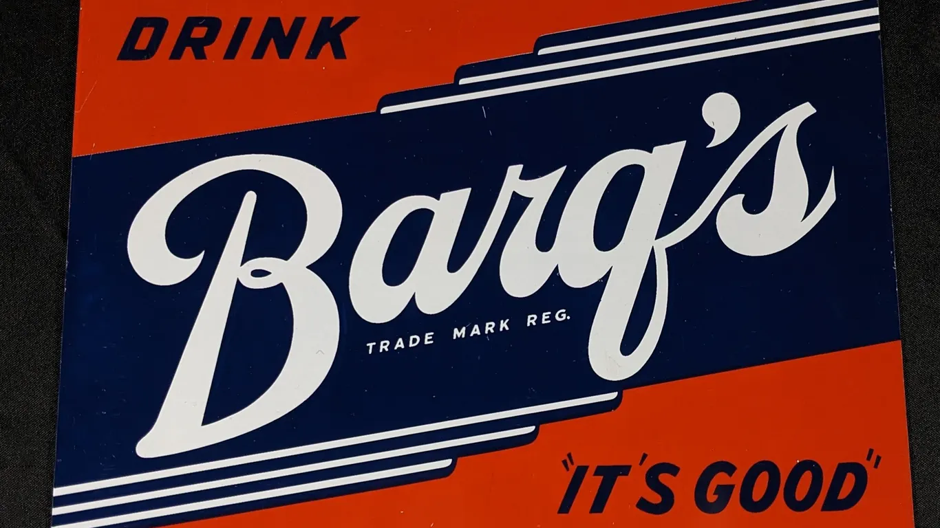 TIN RACK SIGN DRINK BARQ'S ROOT BEER ITS GOOD (2 SIDED)