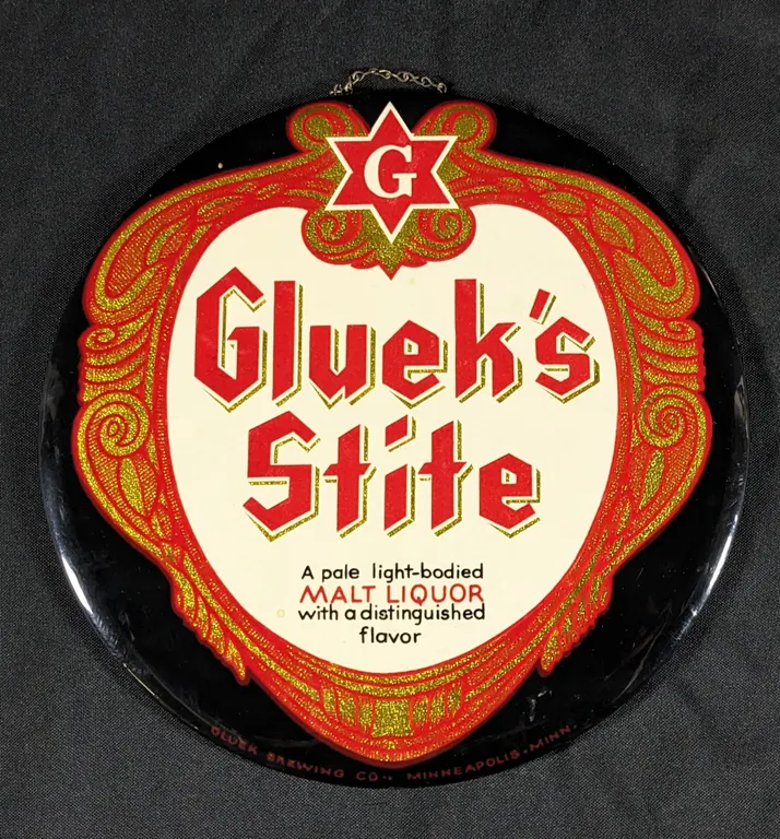 CELLULOID OVER TIN BEER SIGN GLUEK'S STITE MALT LIQUOR MINNEAPOLIS MINNESOTA