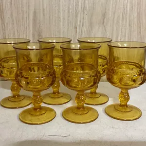 6 Vintage Indiana Glass Kings Crown Amber Footed Goblets