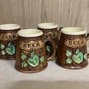Vintage Ceramic Faux-Wood Beer Mugs / Steins – Set of 4